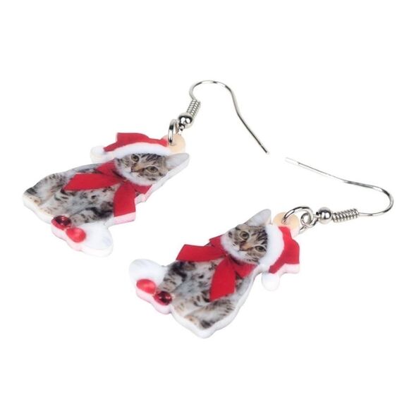 Christmas Kitten Earrings Cat Santa Acrylic Lightweight Holiday - Picture 4 of 6